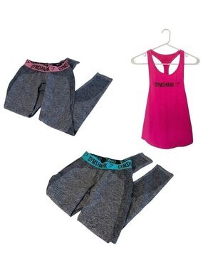 3 Gymshark Activewear 2 Flex Leggings + Training Tank Top Gray Pink 2010s Small